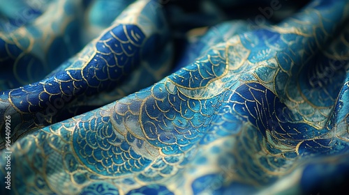 Close-up of blue fabric with gold patterned design. photo