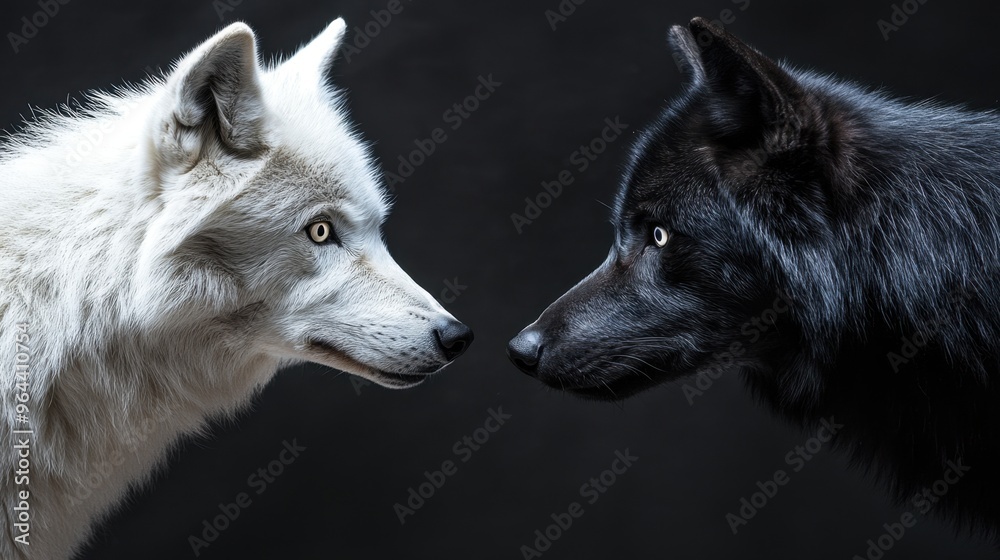 The intense confrontation between a white wolf and a black wolf, symbolizing the clash of light and darkness, with ample copy space. The intense confrontation between a white wolf and a black wolf, symbolizing the clash of light and darkness, with ample copy space.