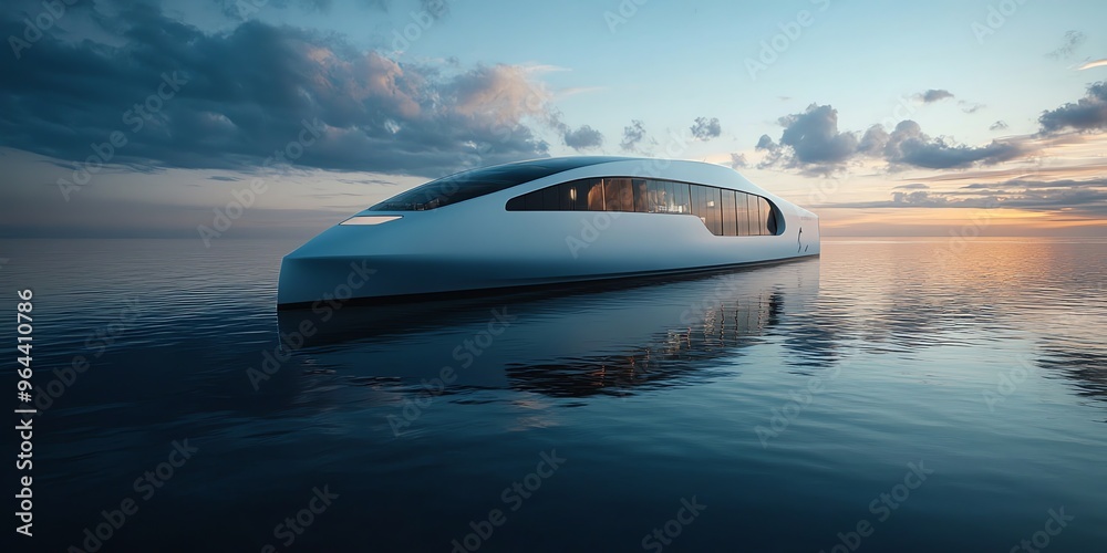Futuristic Yacht on Calm Sea at Sunset. Futuristic Yacht on Calm Sea at Sunset.