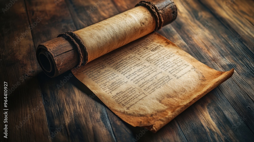 The sacred scroll, revealing ancient words of wisdom, unrolled on a wooden surface, symbolizing spiritual heritage and tradition. The sacred scroll, revealing ancient words of wisdom, unrolled on a wooden surface, symbolizing spiritual heritage and tradition.