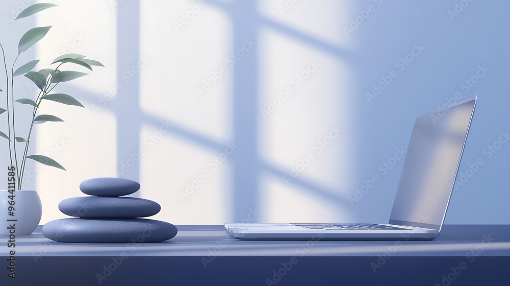 Minimalist Desk Setup with Laptop, Stones, and Plant Minimalist Desk Setup with Laptop, Stones, and Plant