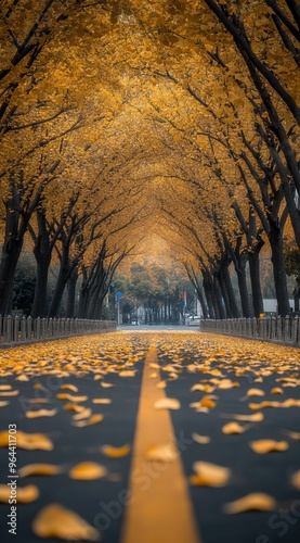 A peaceful autumn scene with a road covered in golden leaves.