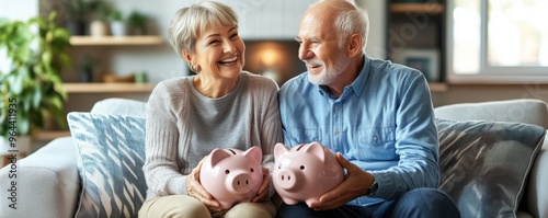 Happy elderly couple sitting on a sofa with piggy banks, smiling and embracing financial planning and savings.