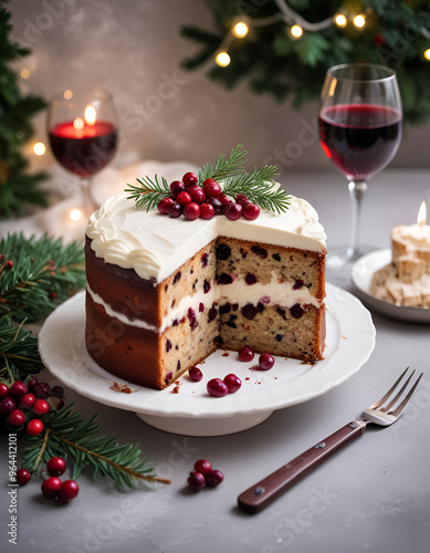 a christmas cake with cream and cranberries, a glass of red wine, and a christmas tree with lightss in the background photo