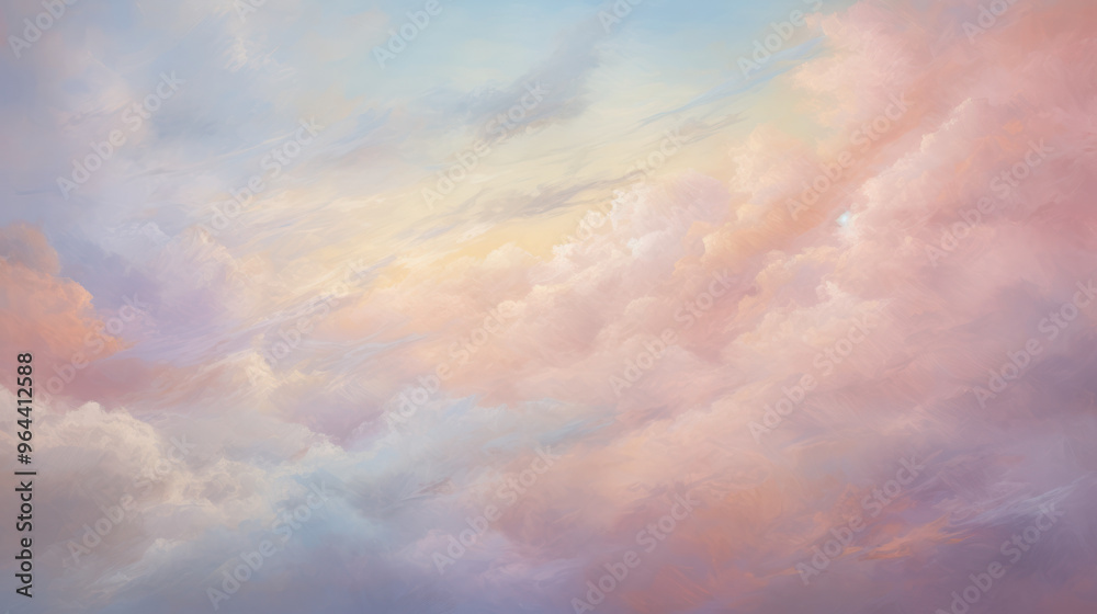 Obraz premium Ethereal Cloudscape Background. Beautiful skyscape with the sunlight. The sky is filled with fluffy clouds in shades of pink, purple, and blue. Tranquil and picturesque scene. Warm glow.