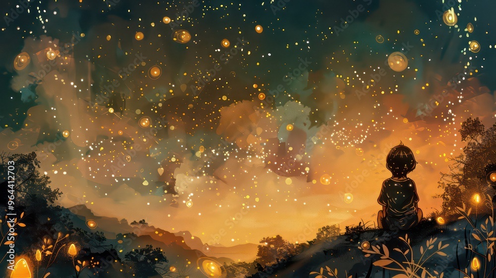 A Young Person Gazes at the Night Sky Filled With Glowing Lights A Young Person Gazes at the Night Sky Filled With Glowing Lights