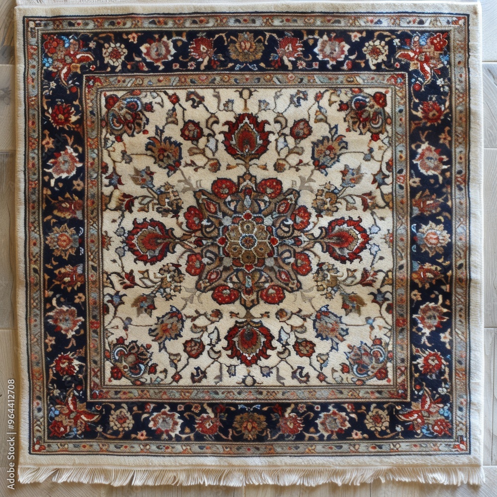 Ornate Persian rug featuring intricate floral patterns in shades of gold and burgundy. Cultural textile design concept Ornate Persian rug featuring intricate floral patterns in shades of gold and burgundy. Cultural textile design concept