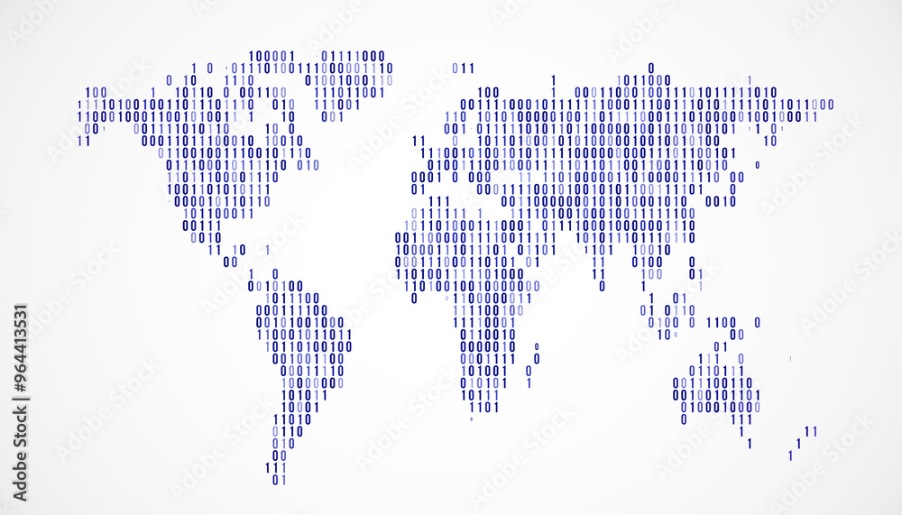 Fototapeta premium Digital World Map with Binary Code on White Background. 3D Rendering