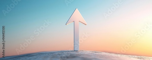 Simple arrow, pointing straight up into a clear sky, 3D illustration