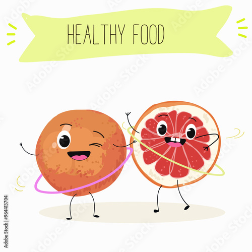 Funny fruity grapefruit characters. Comic elements, hand drawn style. Vector illustration for stickers, posters, prints. Funny fruits.