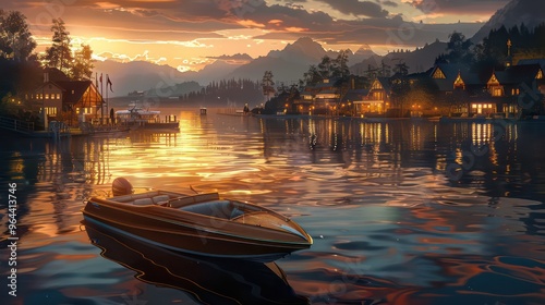 Sunset over the lake with a boat in the foreground