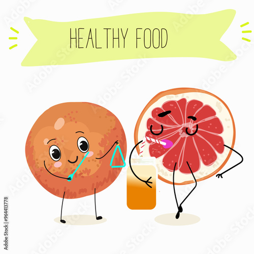 Funny fruity grapefruit characters. Comic elements, hand drawn style. Vector illustration for stickers, posters, prints. Funny fruits.