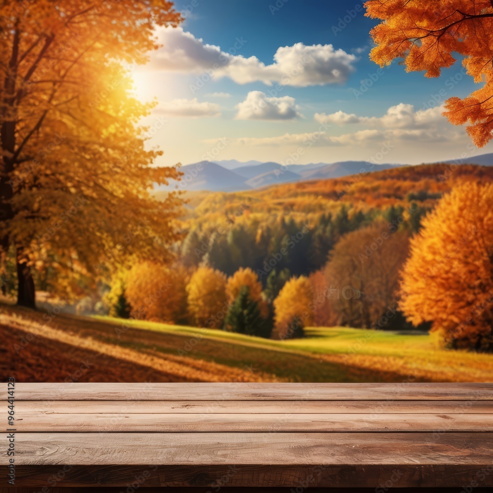 a picture of a field with a wooden table and a sunlit background. a picture of a field with a wooden table and a sunlit background.