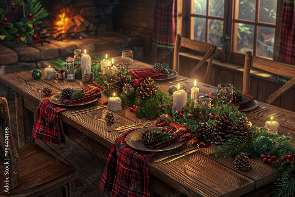 A warm illustration of a cozy Christmas dinner table with a rustic wooden tabletop, beautifully decorated with pine cones, holly, plaid napkins, and the soft glow of candlelight