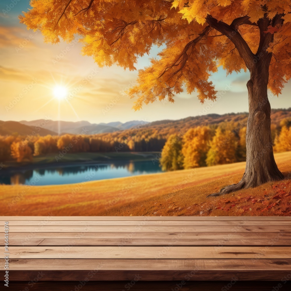 a picture of a field with a wooden table and a sunlit background. a picture of a field with a wooden table and a sunlit background.