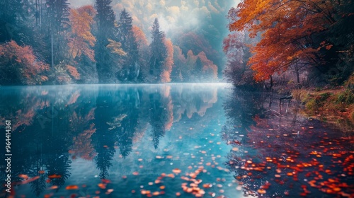 Experience the enchantment of autumn a stunning lakeside reflection of colorful foliage