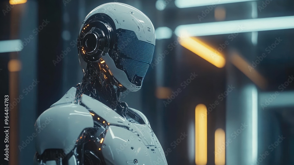 Advanced AI robot processing data in a sleek, futuristic setting, showcasing artificial intelligence innovation and modern tech advancements.