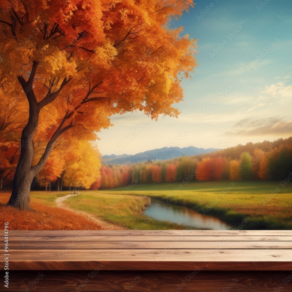 a picture of a field with a wooden table and a sunlit background. a picture of a field with a wooden table and a sunlit background.