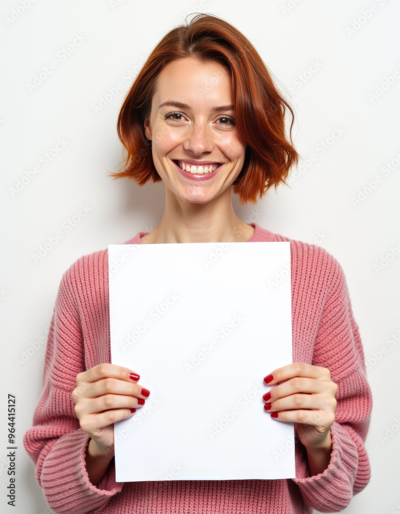 Naklejka premium A portrait of a woman with a cheerful expression, holding a blank white placard.