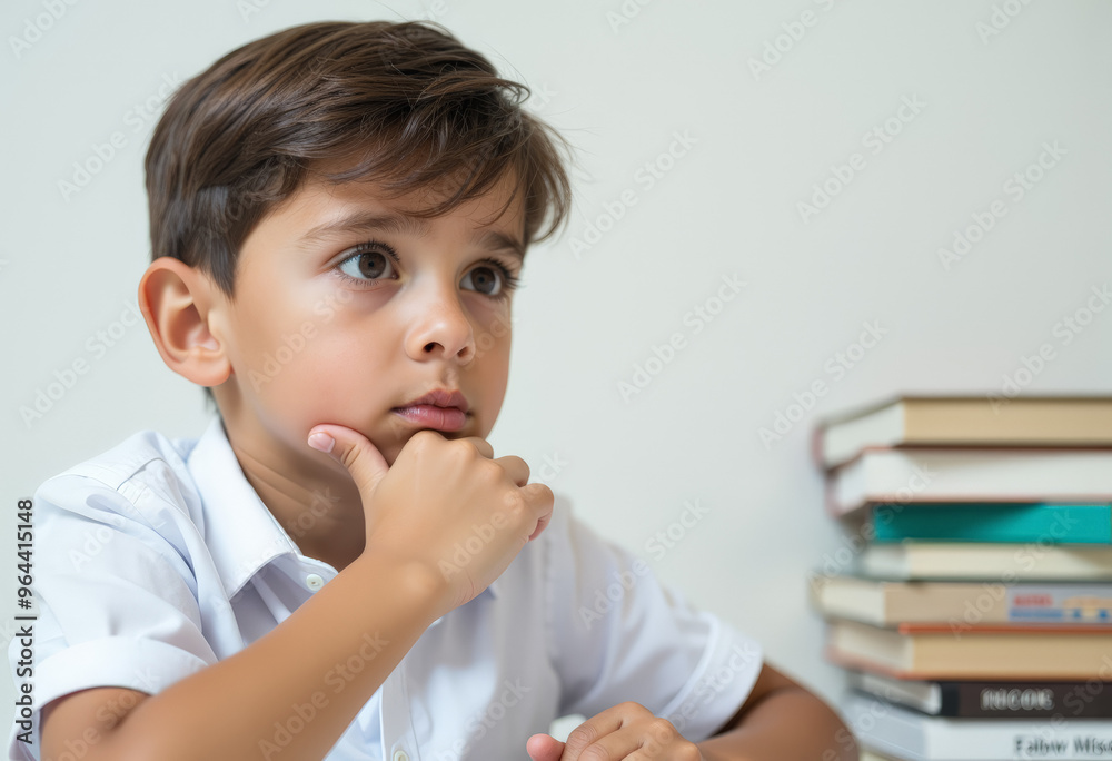 A close-up portrait of boy of primary school age. He wears a crisp white shirt and has a thoughtful expression. A close-up portrait of boy of primary school age. He wears a crisp white shirt and has a thoughtful expression.