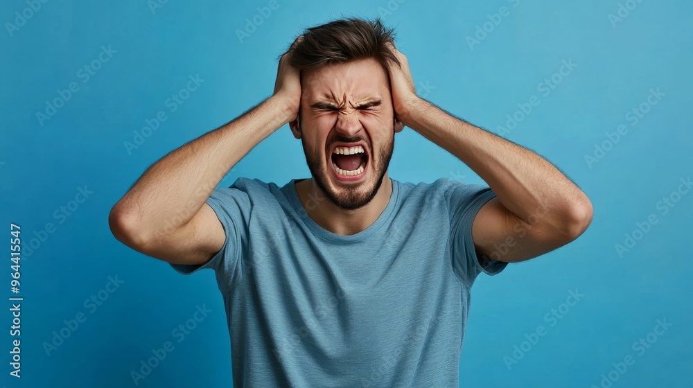 Overwhelmed man with headache despises noise, seeking peace. Overwhelmed man with headache despises noise, seeking peace.