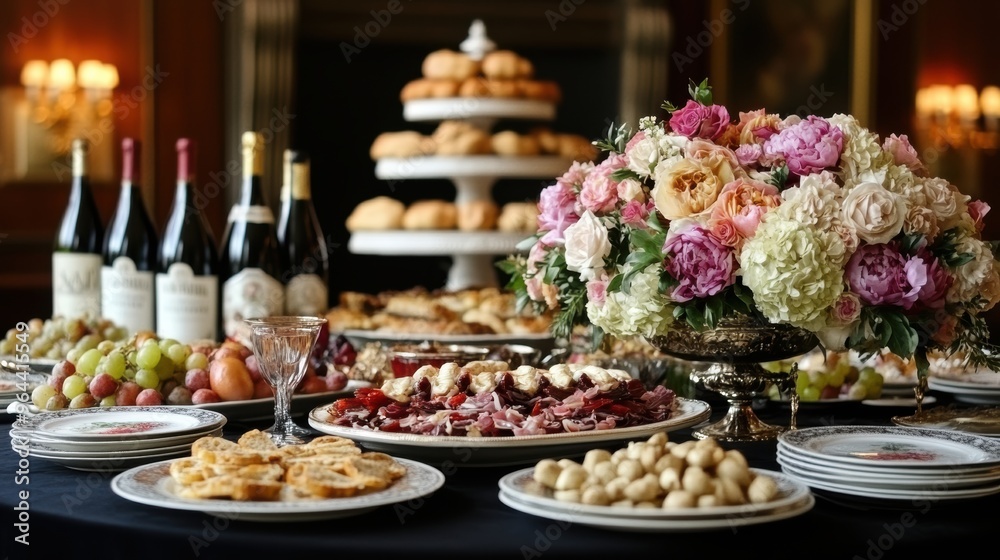 A lavish banquet table beautifully adorned with a vibrant floral centerpiece and surrounded by a variety of elegant dishes, wine bottles, and pastries of all kinds A lavish banquet table beautifully adorned with a vibrant floral centerpiece and surrounded by a variety of elegant dishes, wine bottles, and pastries of all kinds