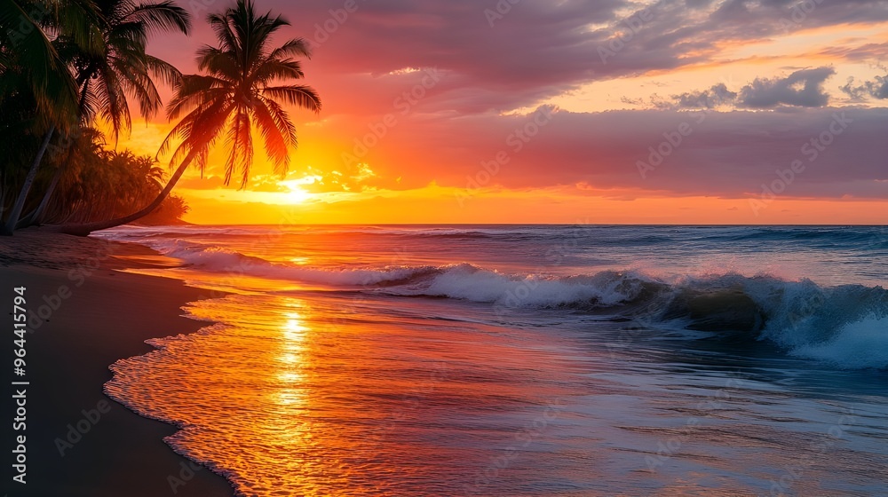 Golden Beach Sunset with Waves Crashing and Silhouettes of Palm Trees.