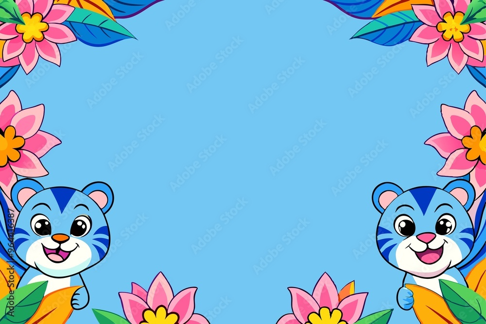 Blue frame for text with flowers and tiger cubs on the edges Blue frame for text with flowers and tiger cubs on the edges