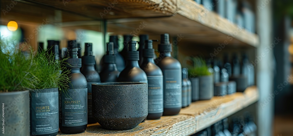 Close up of black bottles with pump dispensers on a wooden shelf with green plants. Minimalist style, organic skincare or beauty products. Close up of black bottles with pump dispensers on a wooden shelf with green plants. Minimalist style, organic skincare or beauty products.