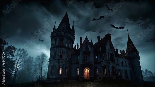 Halloween castle scenery with full moon in majestic night sky and highly detailed natural environment landscape. Halloween background. Horror scene for Halloween