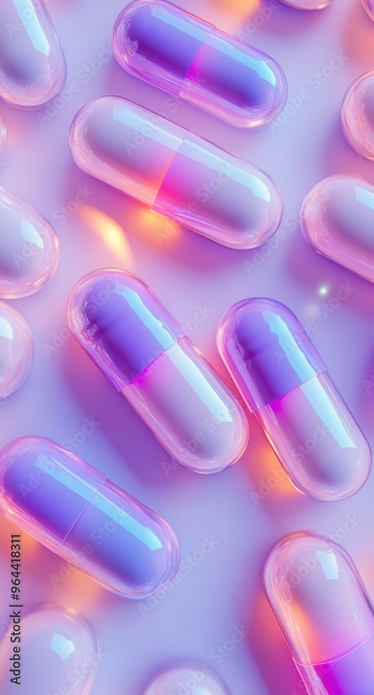Vibrant arrangement of light purple and pink capsules under soft lighting with futuristic and pharmaceutical themes Vibrant arrangement of light purple and pink capsules under soft lighting with futuristic and pharmaceutical themes