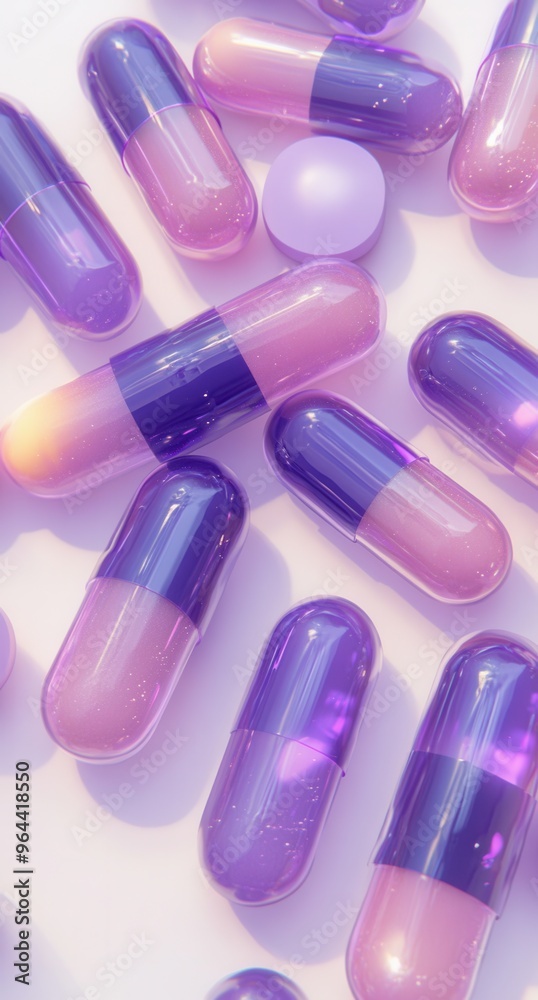 Aesthetic arrangement of light purple and pink capsules with glossy finish creating a futuristic and medicinal atmosphere