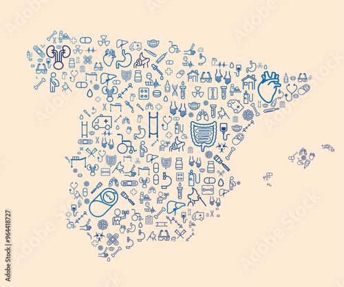 Map of Spain formed by icons related to medicine and healthcare system. SUS. Public healthcare. Europe