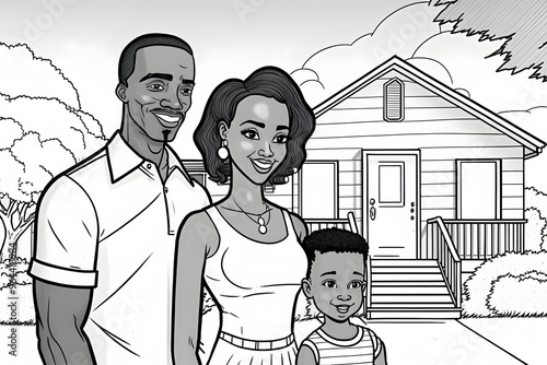 African American family on the background of a new country house - black and white illustration