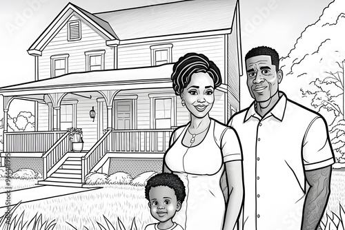 African American family on the background of a new country house - black and white illustration