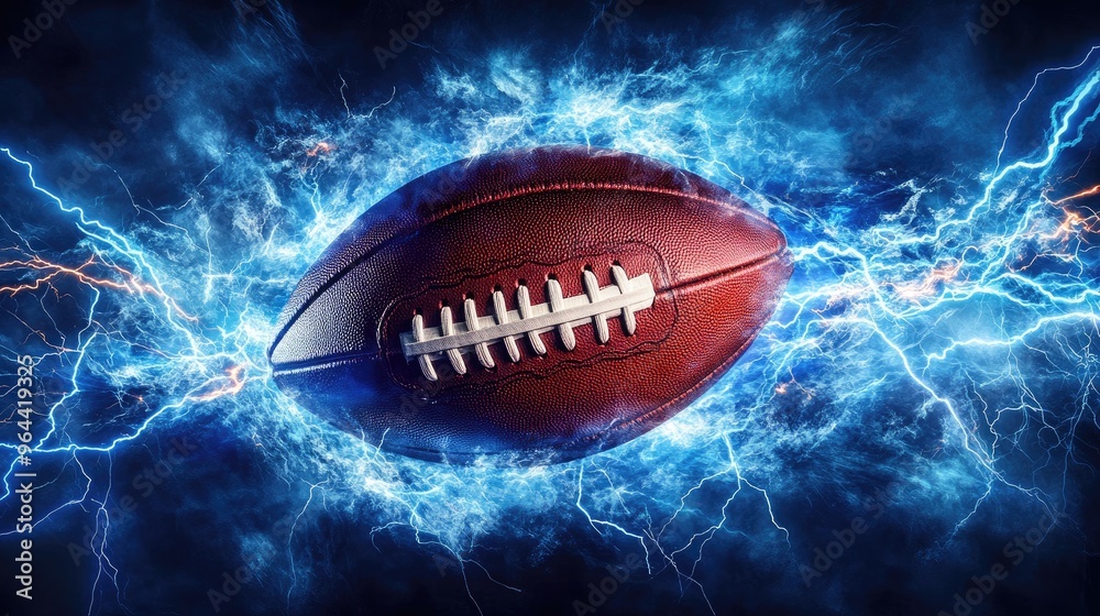 An American football surrounded by blue lightning bolts, with energy bursting from the image, symbolizing power and force. An American football surrounded by blue lightning bolts, with energy bursting from the image, symbolizing power and force.
