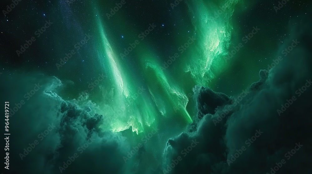 Enchanting Northern Lights Display Over a Starry Night Sky, Green Aurora Borealis Light, Mystical Abstract Cosmic Background Enchanting Northern Lights Display Over a Starry Night Sky, Green Aurora Borealis Light, Mystical Abstract Cosmic Background