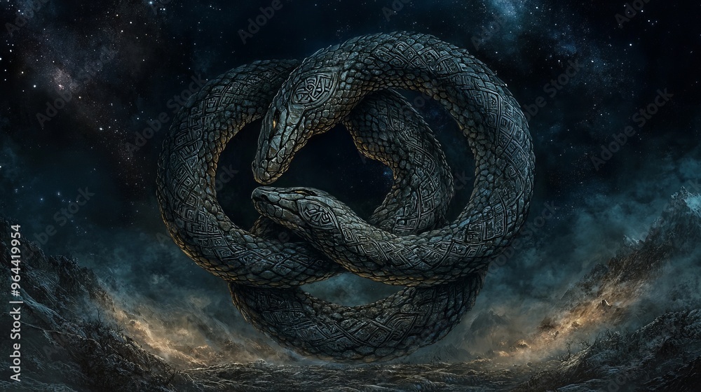 Two stone snakes intertwined against a starry night sky. Two stone snakes intertwined against a starry night sky.
