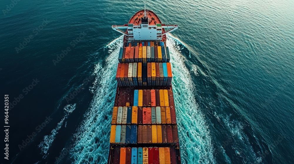 A large cargo ship moves through calm waters, leaving a trail of foam behind. The vessel is loaded with vibrant containers, showcasing a variety of colors during the fading daylight A large cargo ship moves through calm waters, leaving a trail of foam behind. The vessel is loaded with vibrant containers, showcasing a variety of colors during the fading daylight