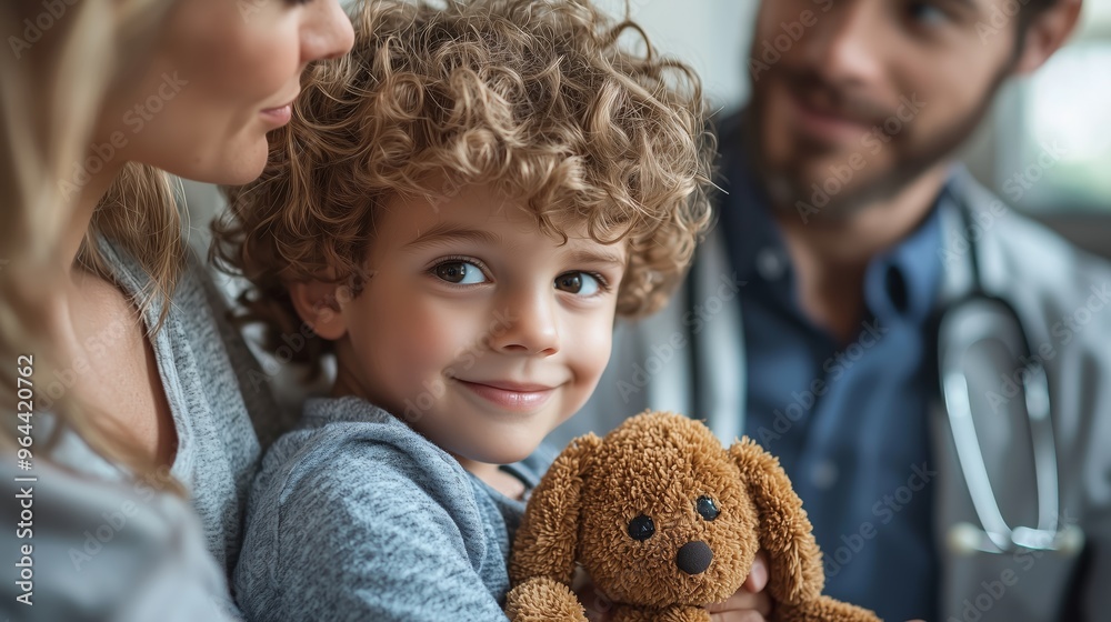 A smiling child holding a stuffed toy during a visit to the doctor, surrounded by parents and a healthcare professional in a friendly clinic. A smiling child holding a stuffed toy during a visit to the doctor, surrounded by parents and a healthcare professional in a friendly clinic.