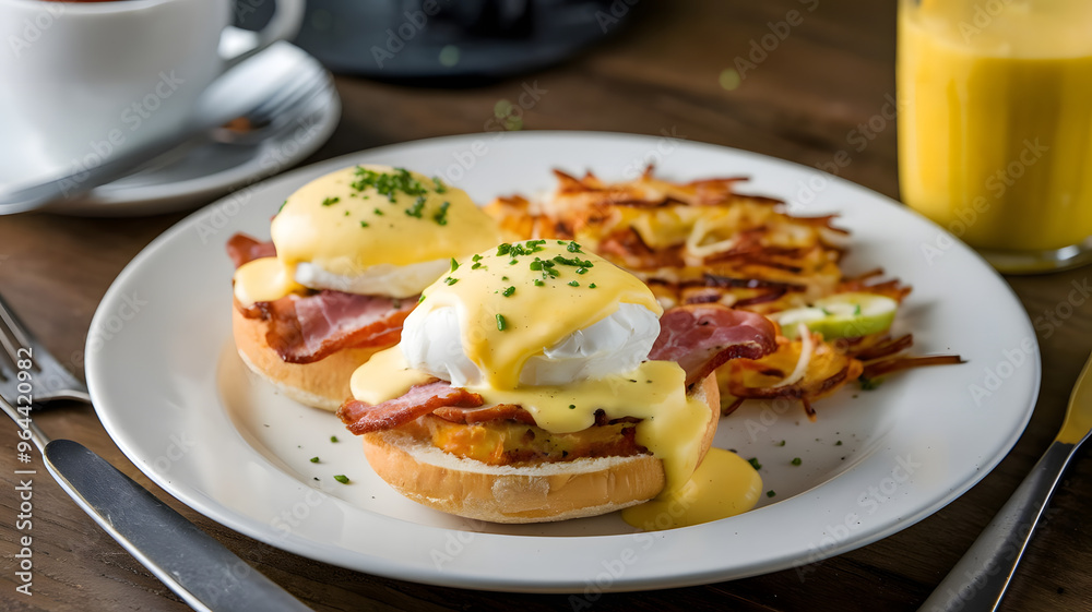 Eggs Benedict with poached eggs, Canadian bacon and hollandaise sauce on a toasted English muffin topped with chives and served with a side of home fries. Eggs Benedict with poached eggs, Canadian bacon and hollandaise sauce on a toasted English muffin topped with chives and served with a side of home fries.