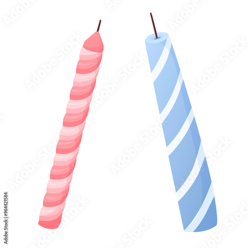 Two cake candles, twisted and striped in flat vector style, isolated on white background. Cartoon set of paraffin candles. Festive cake decoration for birthday, Halloween, New Year.
