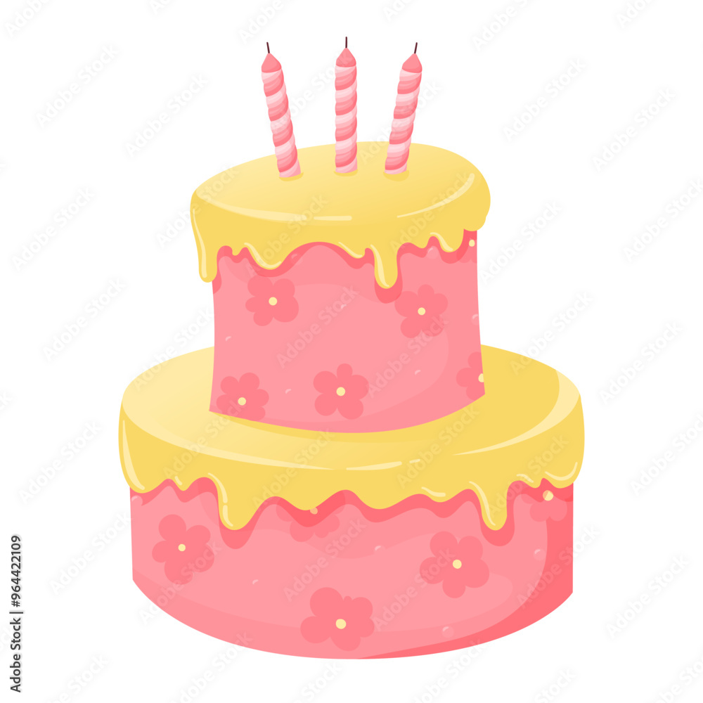 Two-tier pink cake with flowers and frosting in flat vector style on a white background. Festive cake with three candles and sweet decor. Cartoon birthday cake with flowers. Two-tier pink cake with flowers and frosting in flat vector style on a white background. Festive cake with three candles and sweet decor. Cartoon birthday cake with flowers.