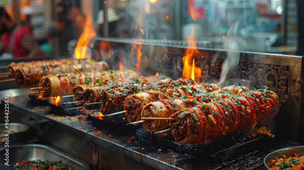 A group of skewers of food are being cooked on a grill. The scene is lively and bustling, with several people standing around the grill A group of skewers of food are being cooked on a grill. The scene is lively and bustling, with several people standing around the grill