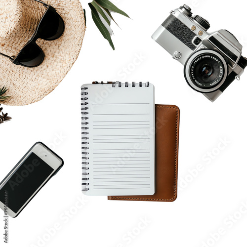 Flat lay of travel essentials with notebook, camera, smartphone, and sunglasses. Perfect for vacation planning and adventure concepts.
