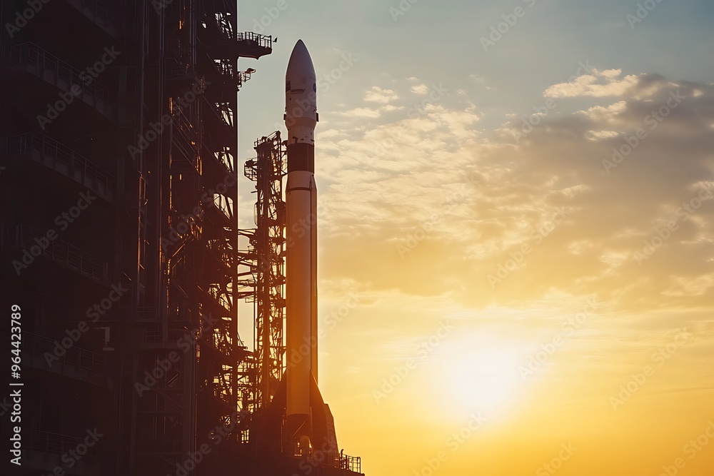 Obraz premium Rocket on Launchpad at Sunset