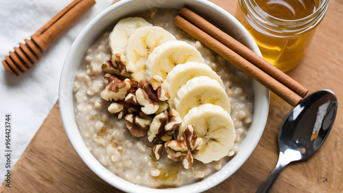 A bowl of creamy oatmeal topped with sliced bananas, walnuts, and a drizzle of honey, served with a cinnamon stick on the side.