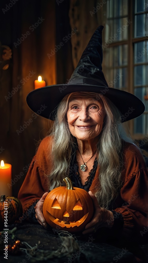 An old witch with long gray hair and a witch's hat holds a small jack-o'-lantern. candles on background. Senior witch An old witch with long gray hair and a witch's hat holds a small jack-o'-lantern. candles on background. Senior witch