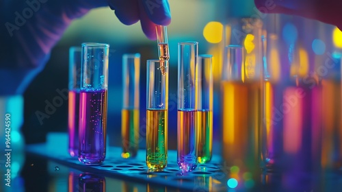 Close-up of scientist mixing chemicals in test tubes. photo