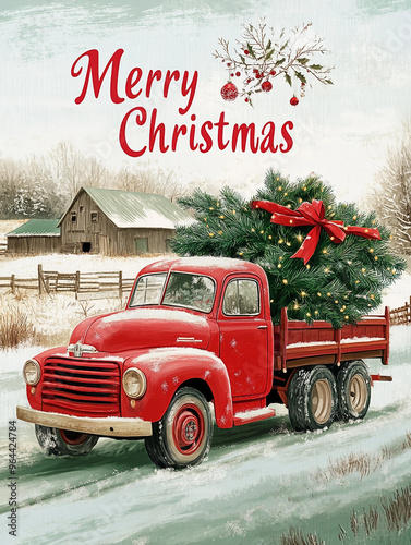 Artistic Redesign of a Book Cover Featuring a Red Truck with a Christmas Tree and Farm Landscape
